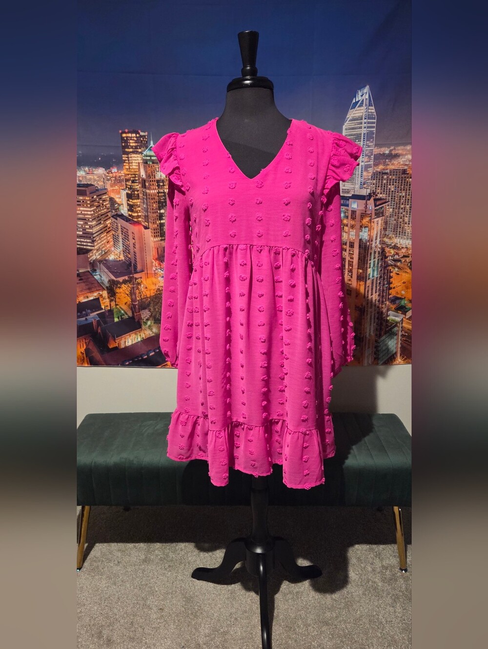 Ladies Hot Pink Textured Ruffle Dress